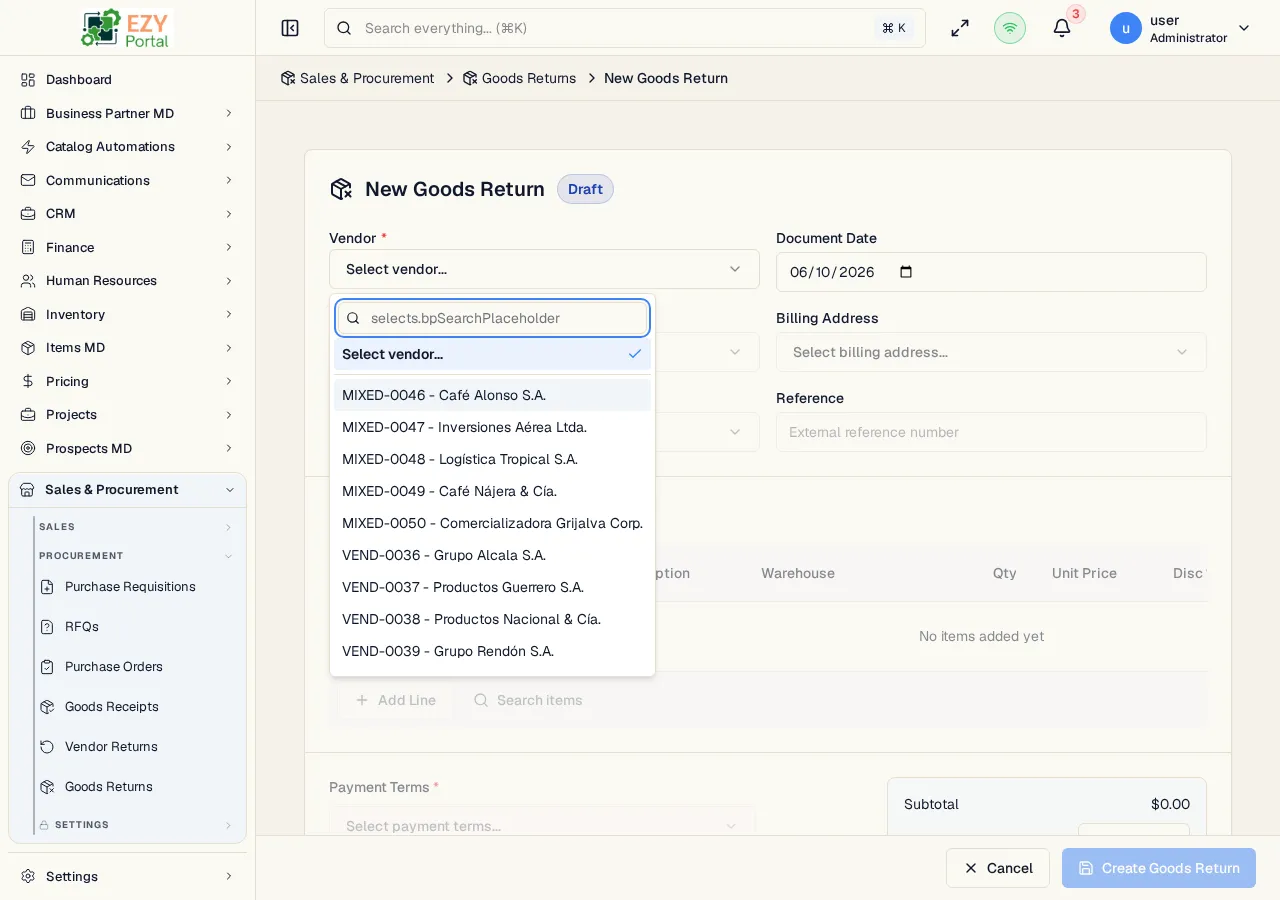 Create Goods Return form showing vendor, document date, shipped by, payment terms, price list, and editable shipment lines