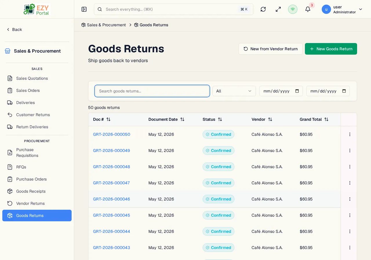 Goods Returns list page showing document number, date, status, vendor, and grand total columns