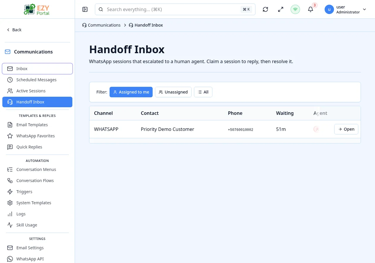 Handoff Inbox showing rows for each session with phone, assigned agent, time elapsed and last-message preview, plus the Me / Unassigned / All filter chips