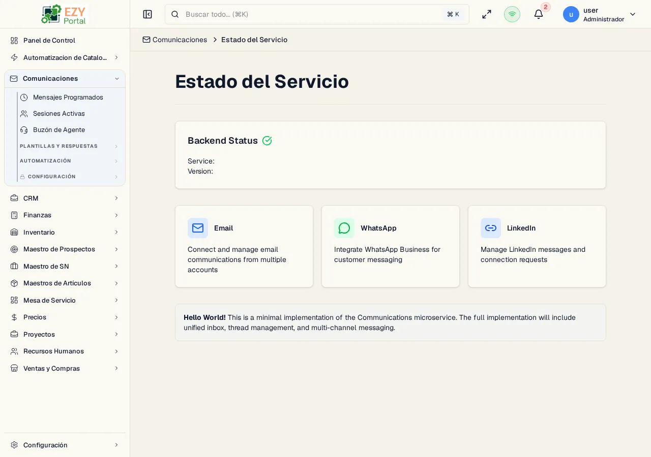 Página de estado de Comunicaciones