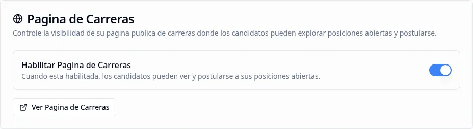Tarjeta de Página de Empleos en Configuración de RR. HH. mostrando el interruptor de habilitación activado y el botón Ver Página de Empleos
