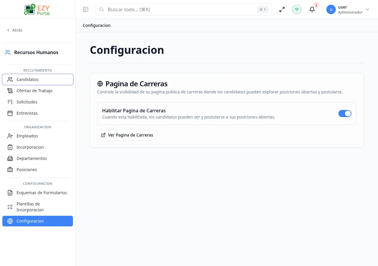 Página de Configuración de RR. HH. mostrando la tarjeta de Página de Empleos con el interruptor de habilitación y el botón Ver Página de Empleos