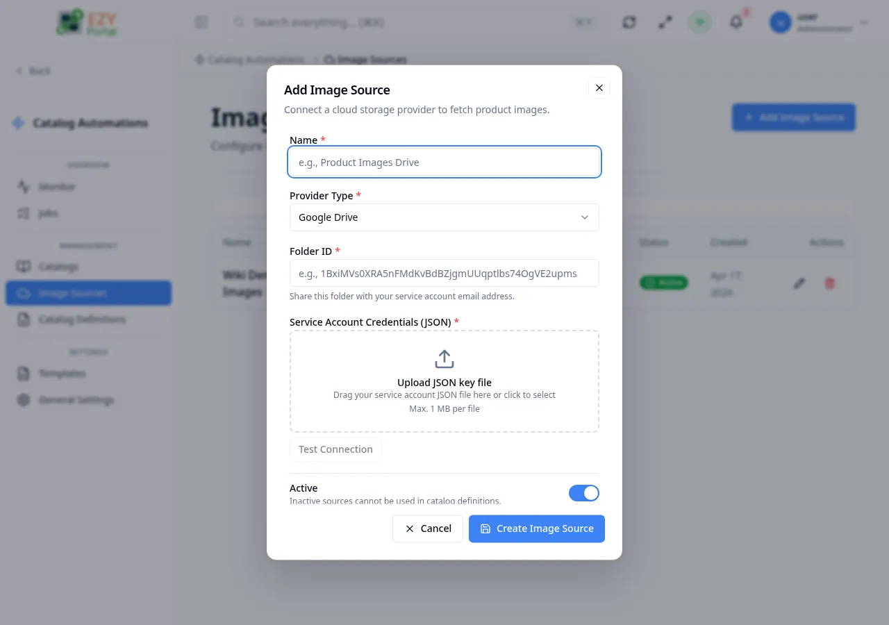 Add Image Source dialog showing provider type, name, folder ID, and credentials fields
