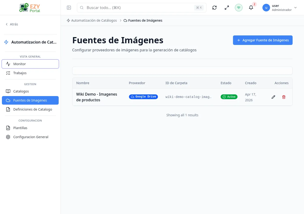 Página de lista de Fuentes de Imágenes con proveedor, ID de carpeta, estado y columna de creación
