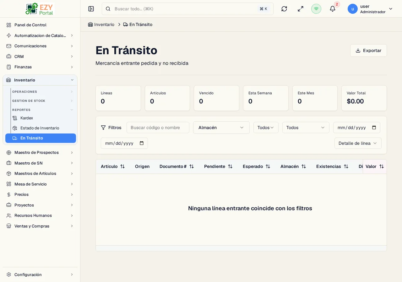 Reporte En Tránsito mostrando tarjetas de tiempo, filtros, controles de agrupación y columnas de líneas entrantes