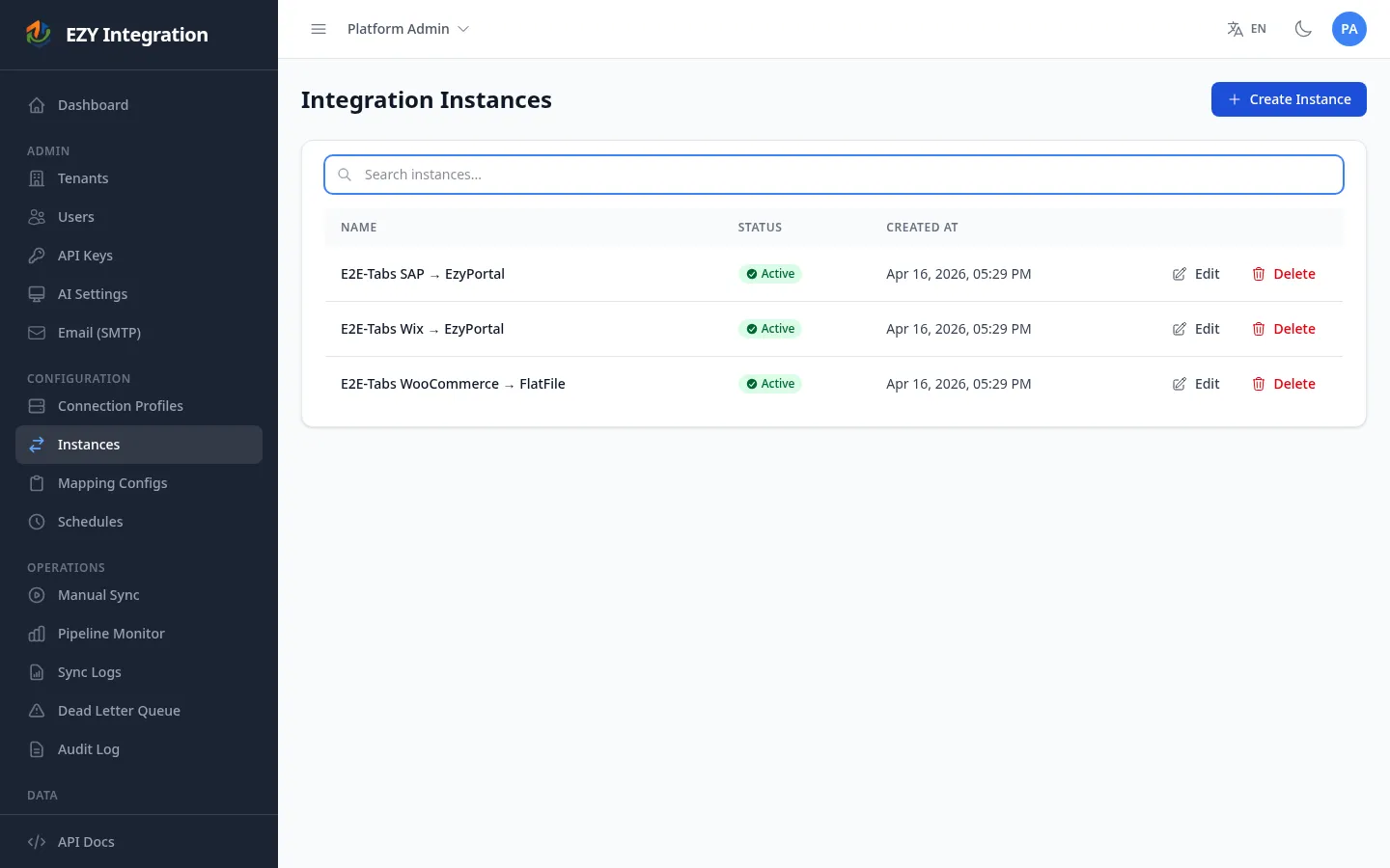 Instances list (manual sync trigger entry point)