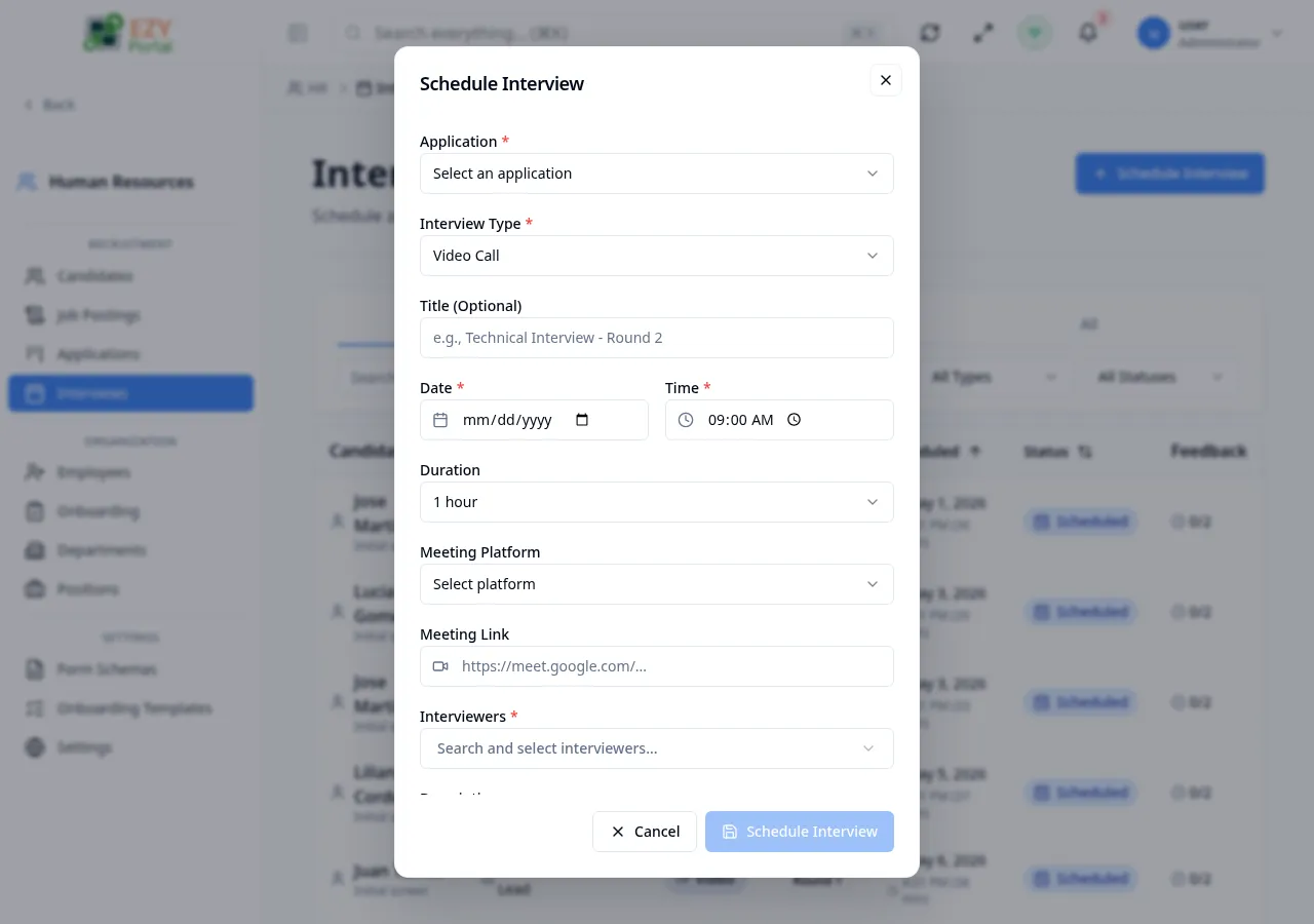 Schedule Interview dialog with fields for Application, Interview Type, Title, Date, Time, Duration, Location, Meeting Platform, Interviewers, and Description