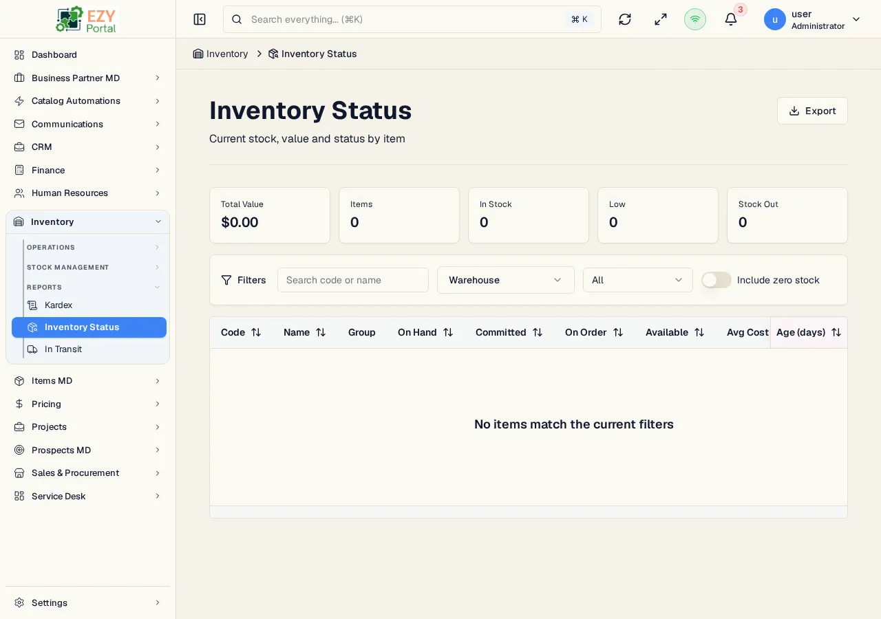 Inventory Status report showing summary cards, filters, and stock availability columns