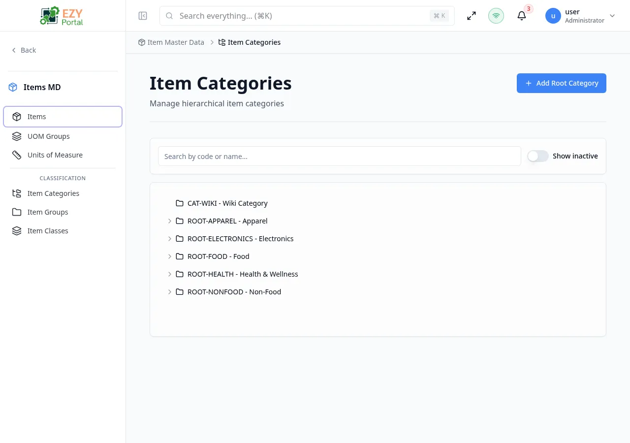 Item categories page