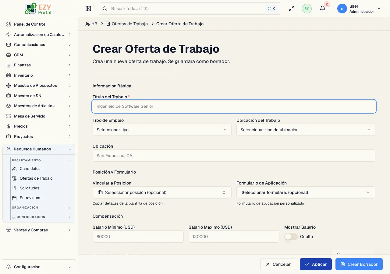 Página Crear Oferta Laboral mostrando las secciones Información Básica, Cargo y Formulario, Compensación, Descripción del Trabajo y Configuraciones