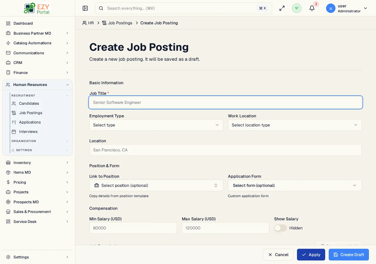 Create Job Posting page showing the Basic Information, Position and Form, Compensation, Job Description, and Settings sections