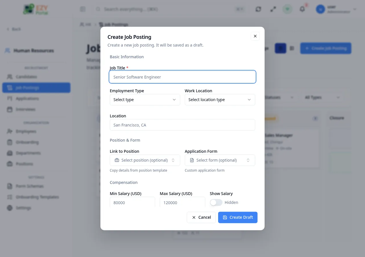 Create Job Posting dialog showing the Basic Information, Position and Form, Compensation, Job Description, and Settings sections