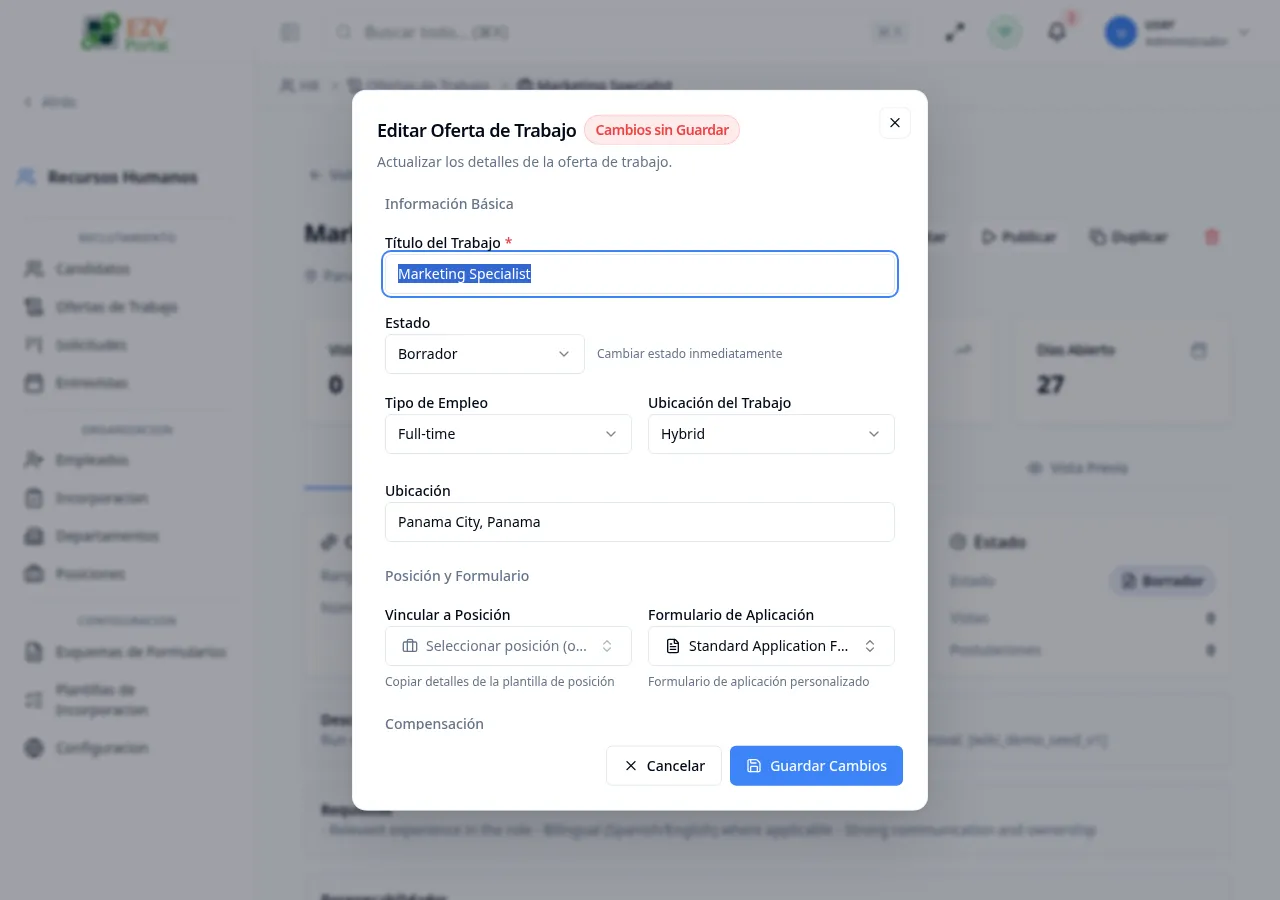 Diálogo Editar Oferta Laboral con los datos de la oferta existente precargados