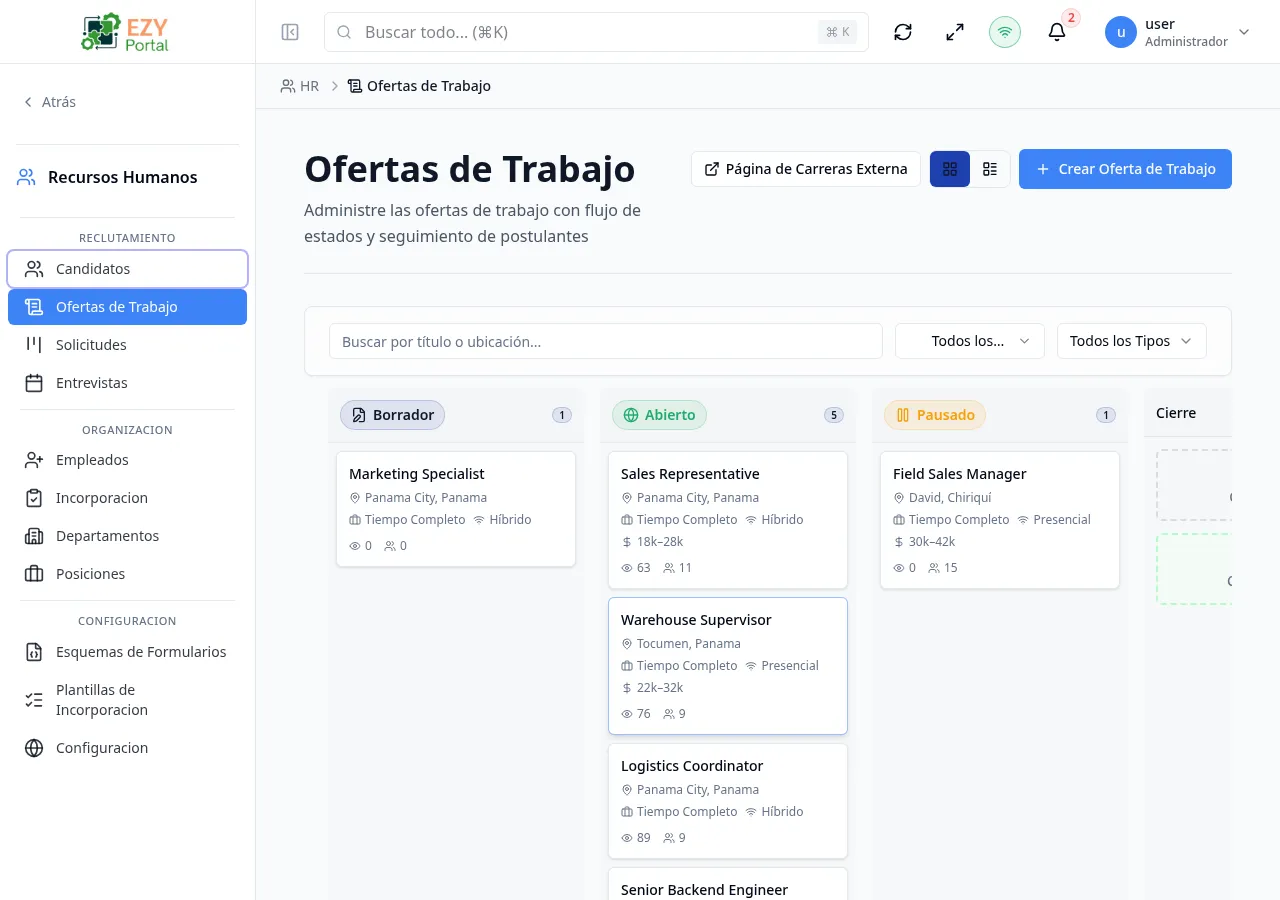 Lista de Ofertas Laborales mostrando columnas Título, Estado, Tipo, Remoto, Salario, Vistas y Solicitudes