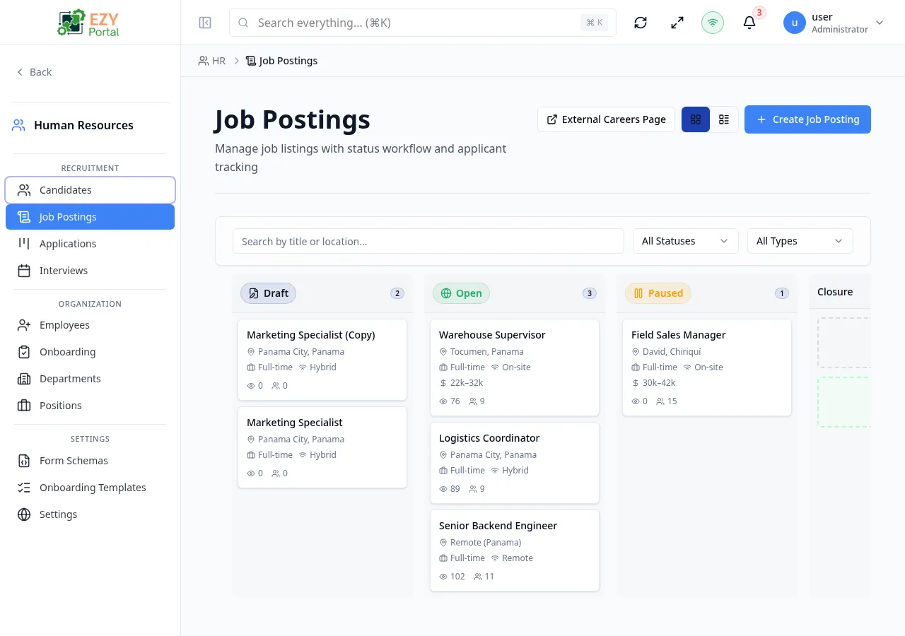 Job Postings list showing Title, Status, Type, Remote, Salary, Views, and Applications columns