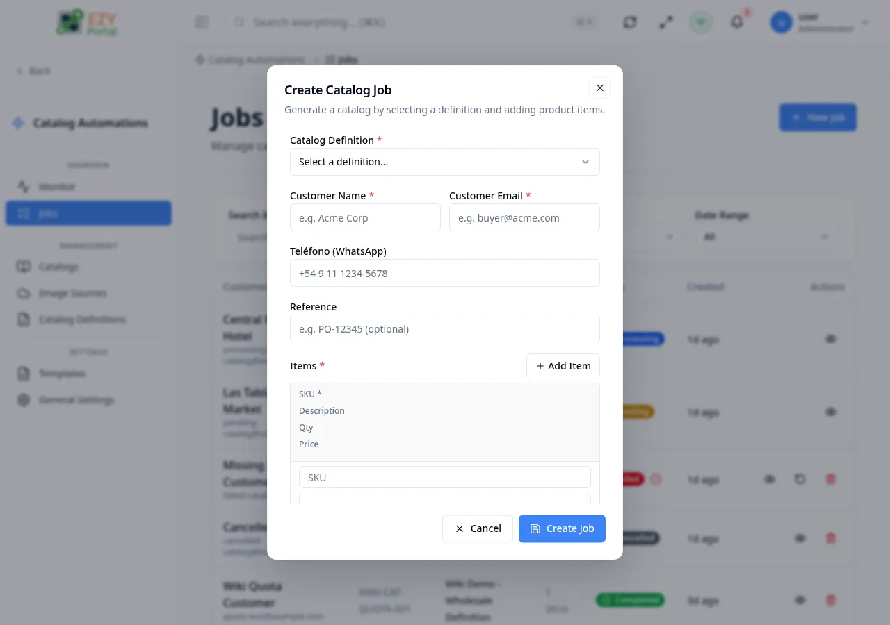 Create Job dialog showing definition, customer fields, and items table