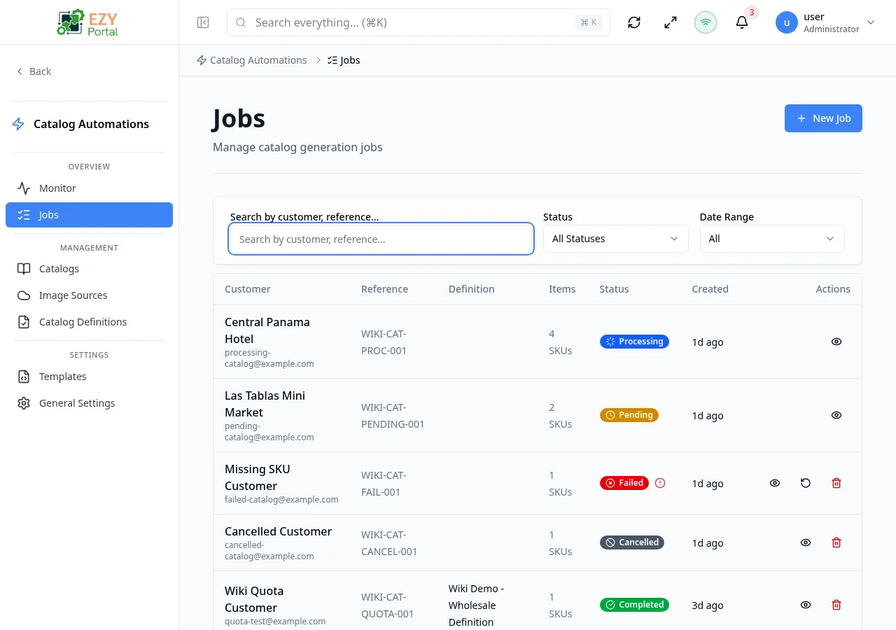Jobs list page showing active catalog generation jobs with customer, definition, status, and created columns