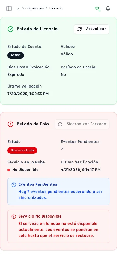 Página de licencia mostrando las tarjetas de Estado de Licencia y Estado de Cola
