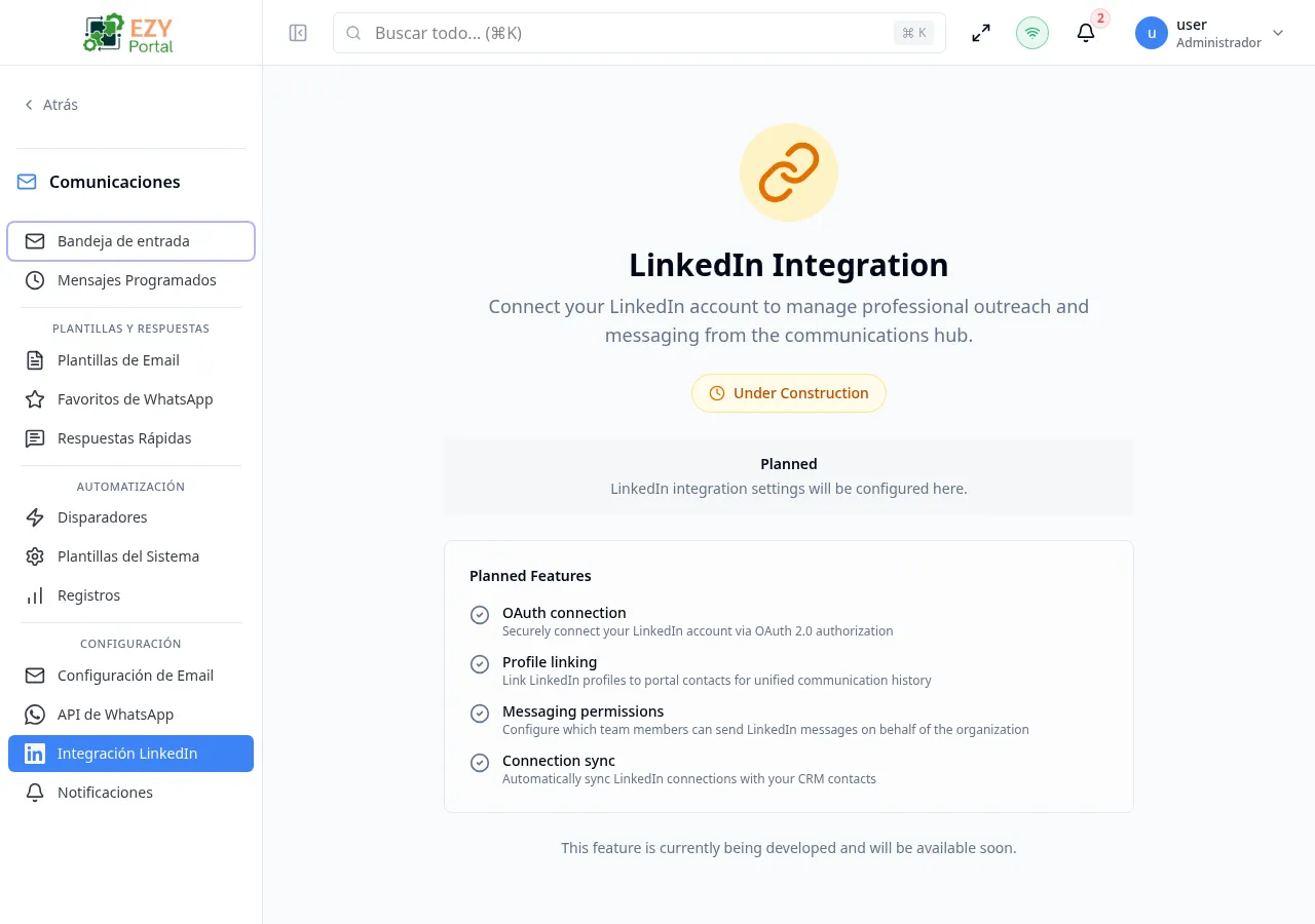 Página de Configuración de LinkedIn mostrando el marcador de posición de funciones en construcción con las características planificadas listadas