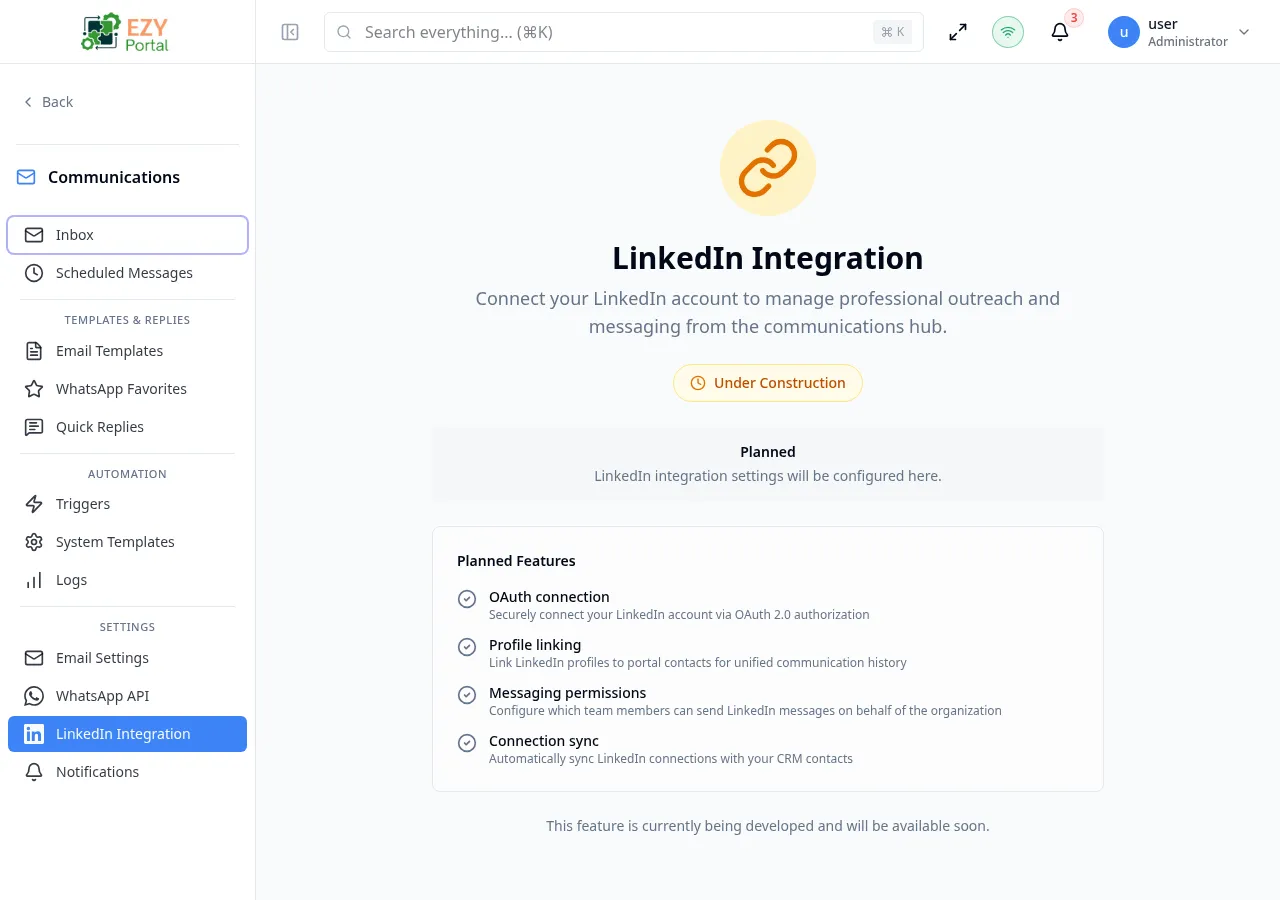 LinkedIn Settings page showing the under-construction placeholder with planned features listed
