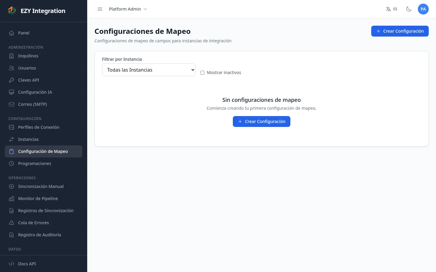 Lista de configuraciones de Mapeo