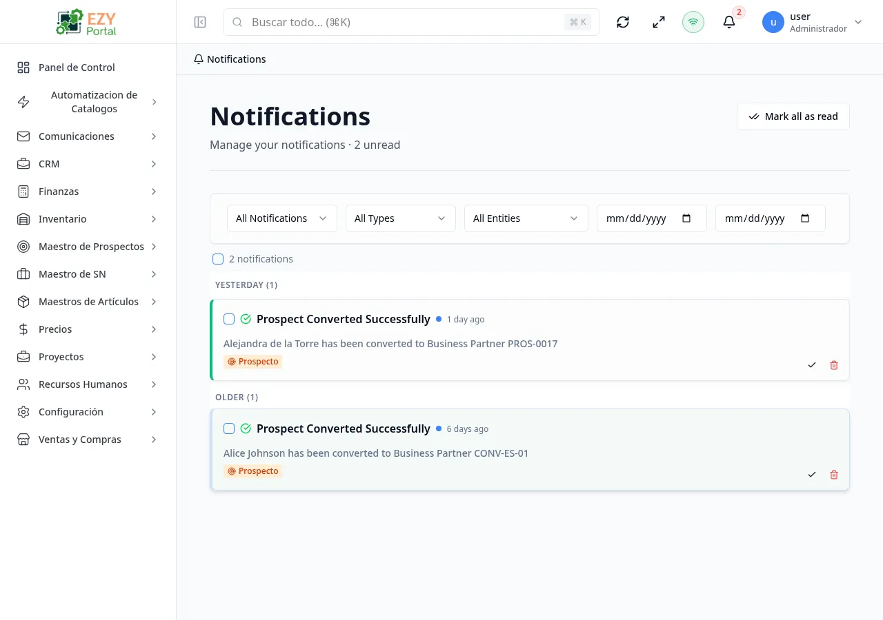 Notifications page