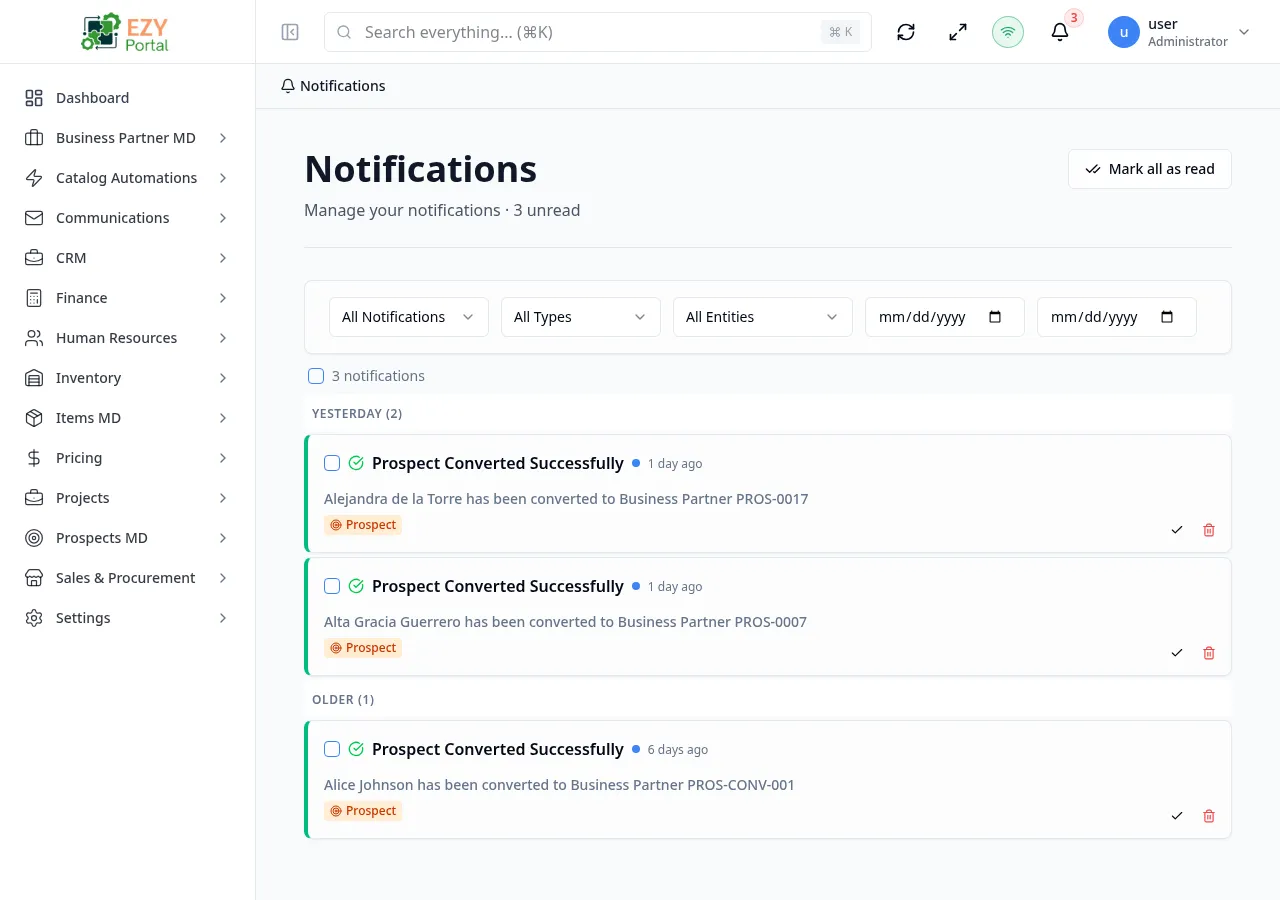 Notifications page