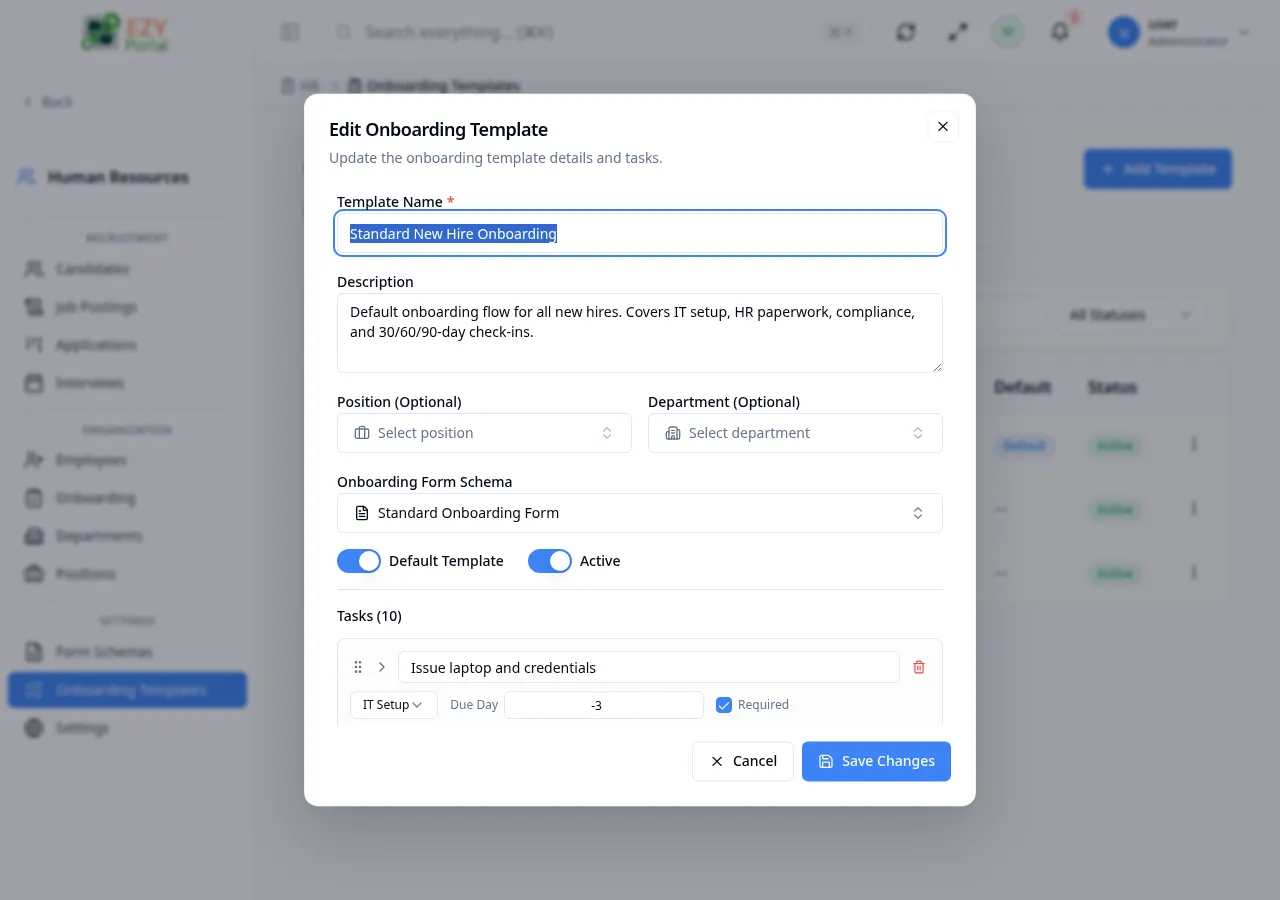 Edit Onboarding Template dialog pre-filled with existing template name, scope, and task list