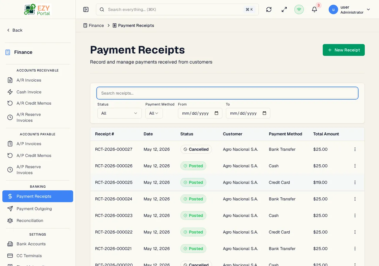 Payment Receipts list showing document numbers, dates, statuses, customers, payment methods, and amounts
