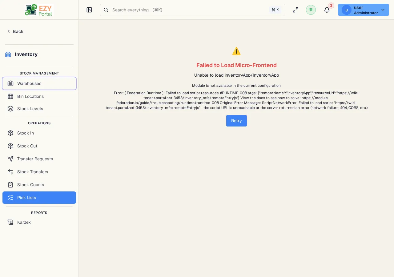 Pick Lists page showing warehouse picking documents with document number, status, and warehouse columns