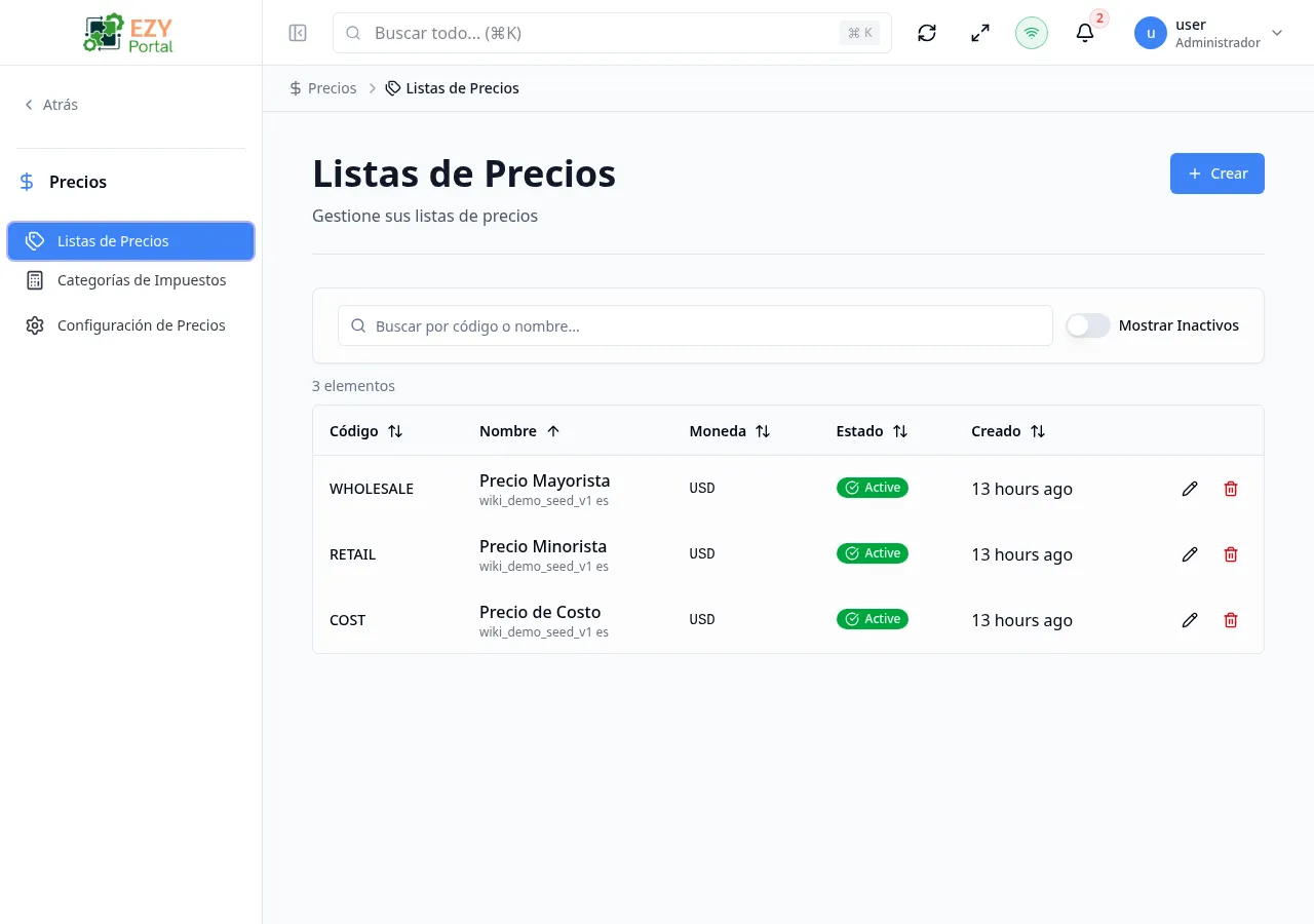Estado vacío de listas de precios