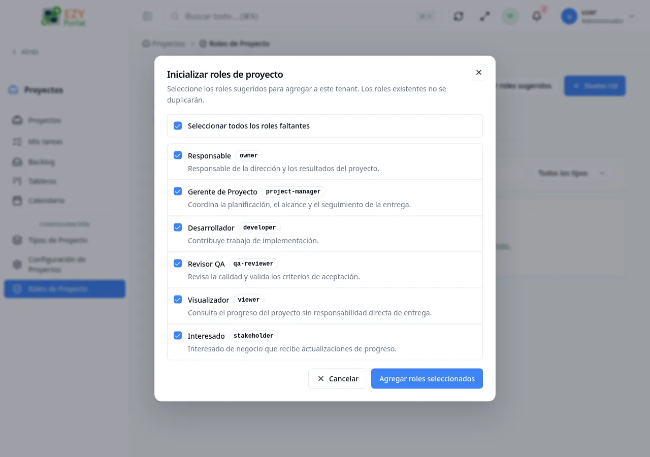Diálogo Inicializar roles de proyecto