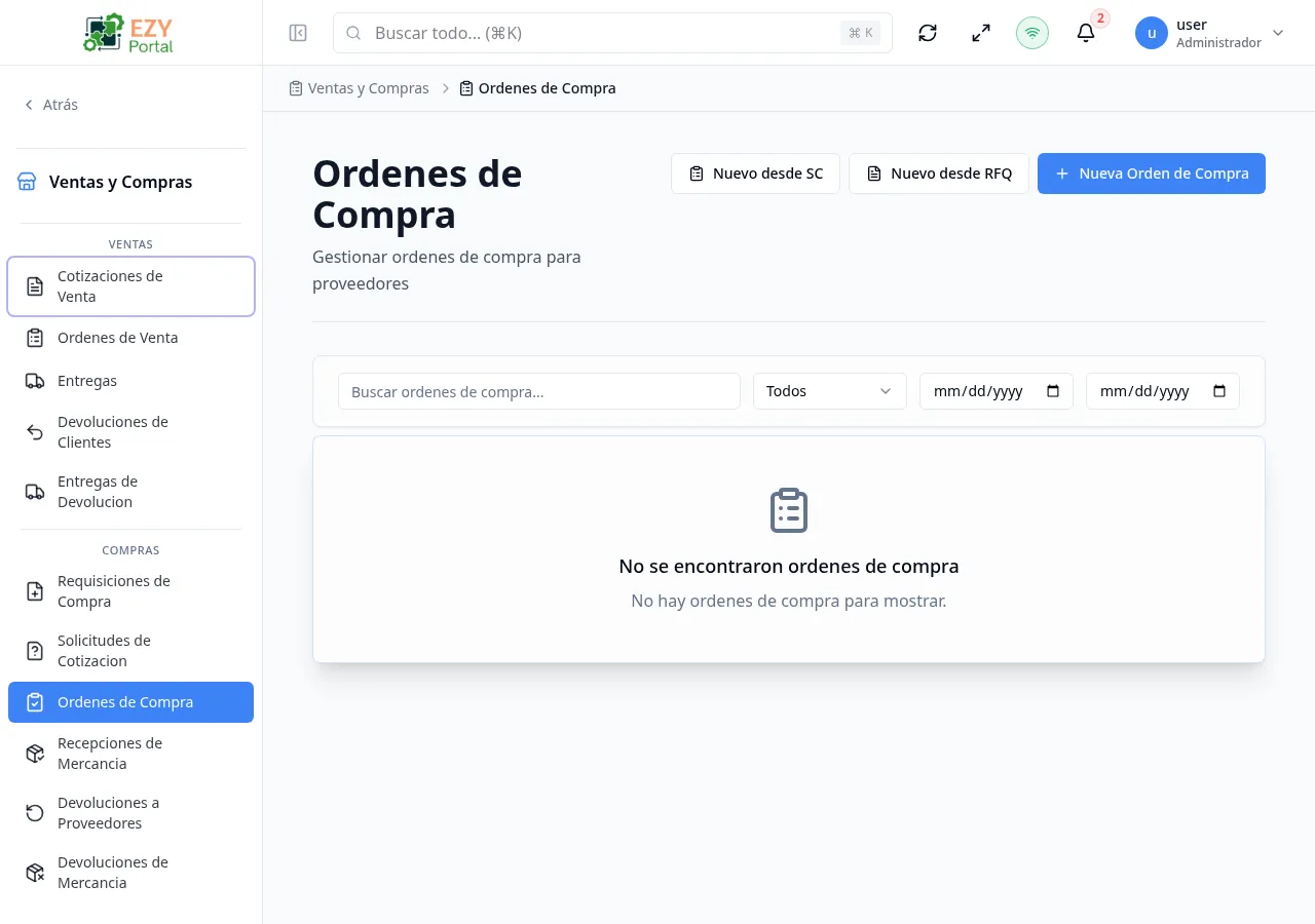 Página de lista de Órdenes de Compra mostrando múltiples OCs con columnas de Doc #, proveedor, fecha, entrega esperada, estado y total general