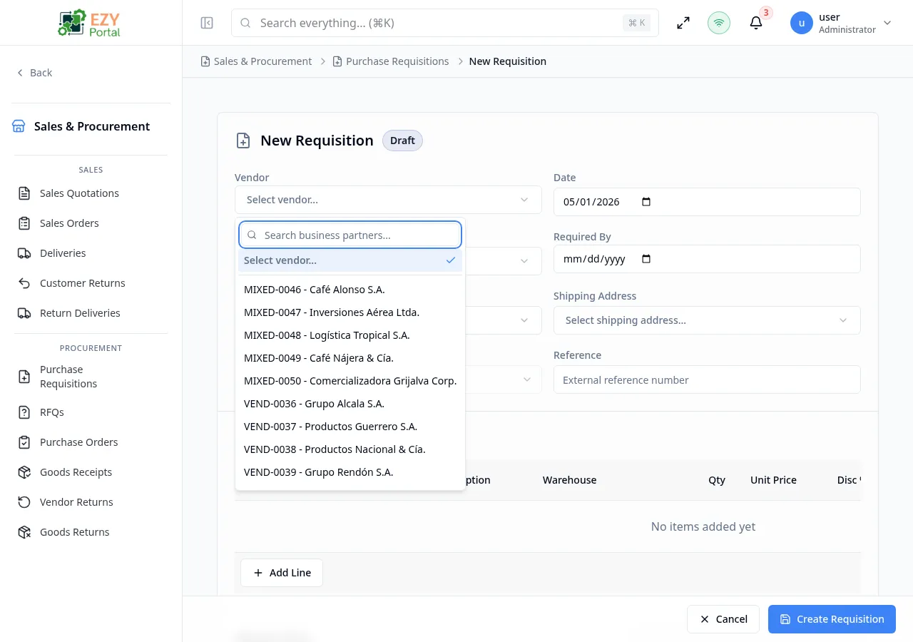 Create Purchase Requisition form showing document date, required-by date, requester, and one line item with item code and quantity