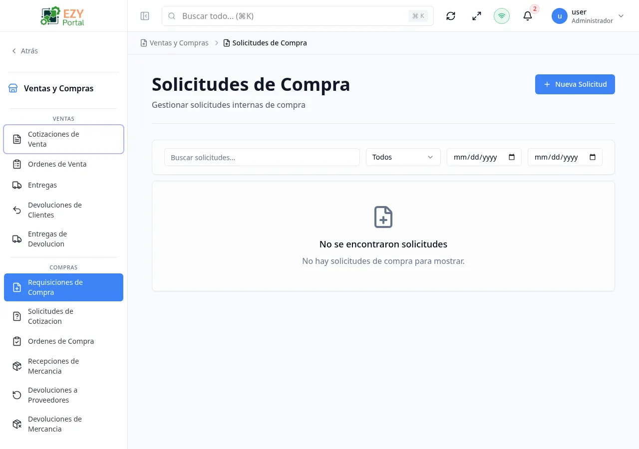 Página de lista de Solicitudes de Compra mostrando múltiples SCs con columnas de Doc #, proveedor, fecha, fecha requerida, estado y total general
