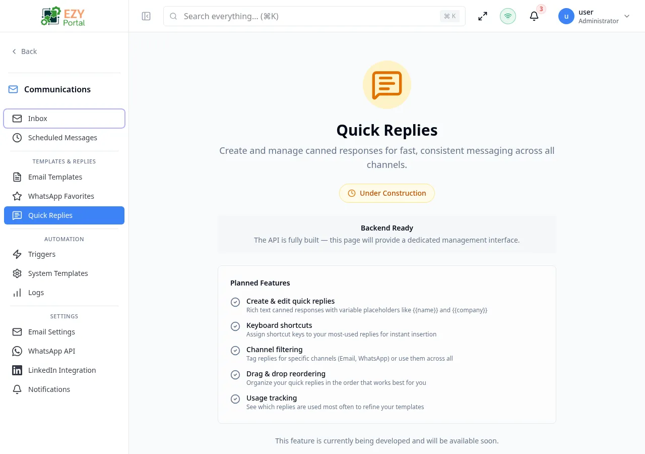 Quick Replies list page showing canned response cards with name, channel tag, and body preview
