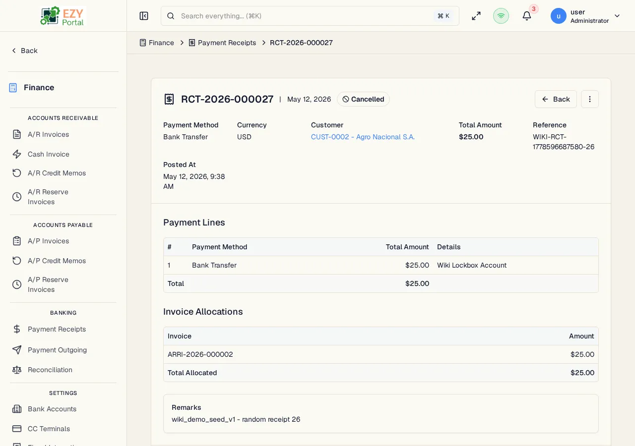 Receipt detail page showing document header, status badge, payment lines table, allocation table, and action buttons