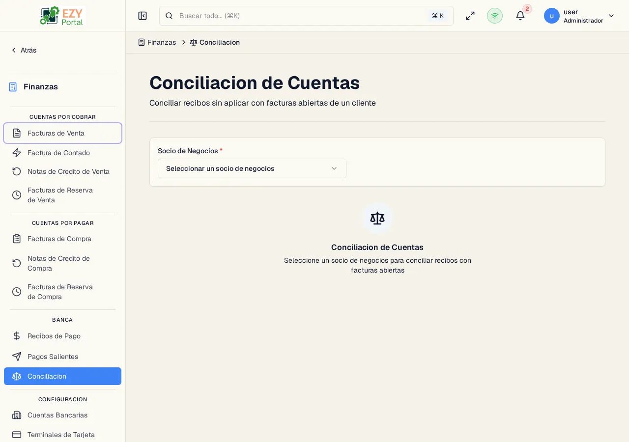 Página de Conciliación con selector de cliente, tarjetas de métricas, panel de recibos no aplicados, panel de facturas abiertas con montos de asignación y barra de acción