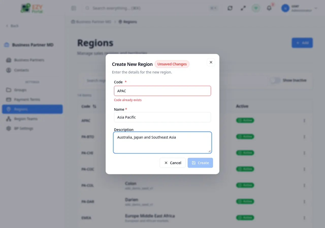 Create region dialog