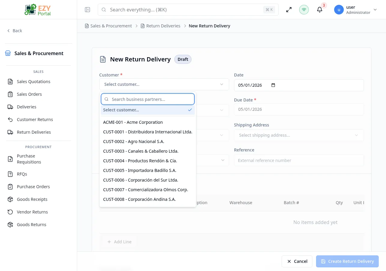 Create Return Delivery form showing a customer selected, document date, and one line item with item code, quantity, batch number, and warehouse
