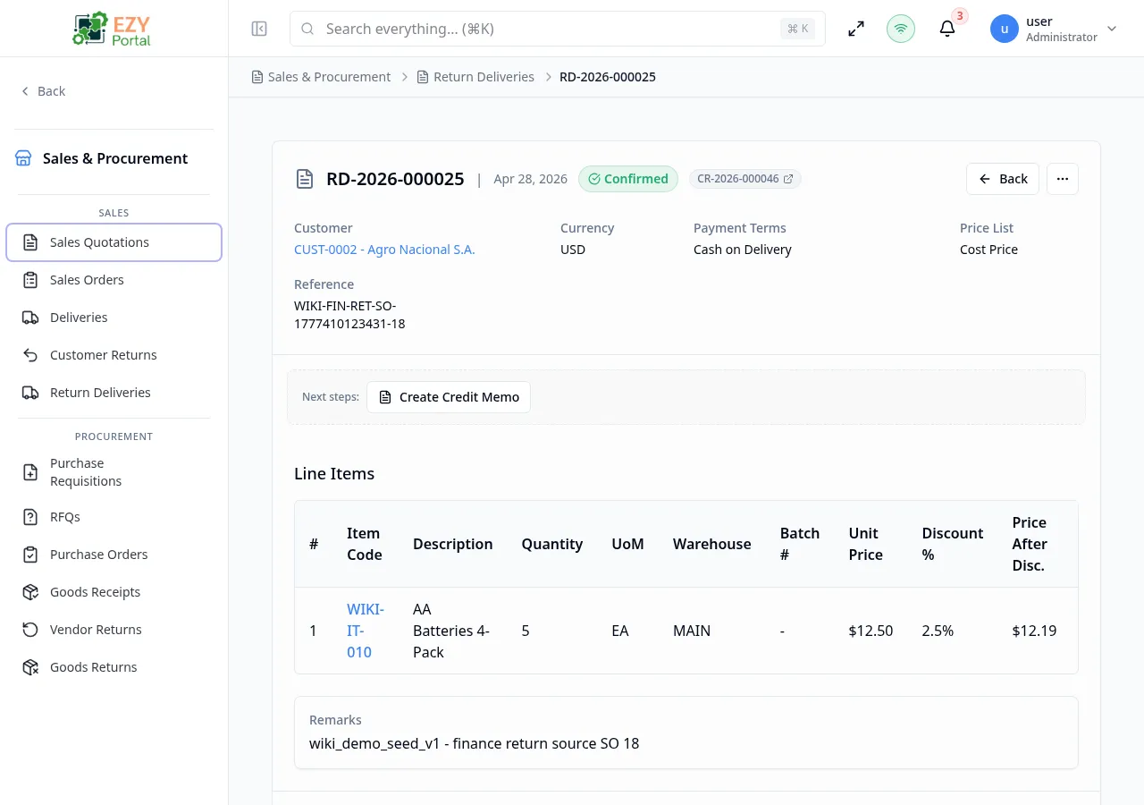 Return Delivery Detail page showing document header with customer, date, status badge, action buttons, and line items table with batch numbers