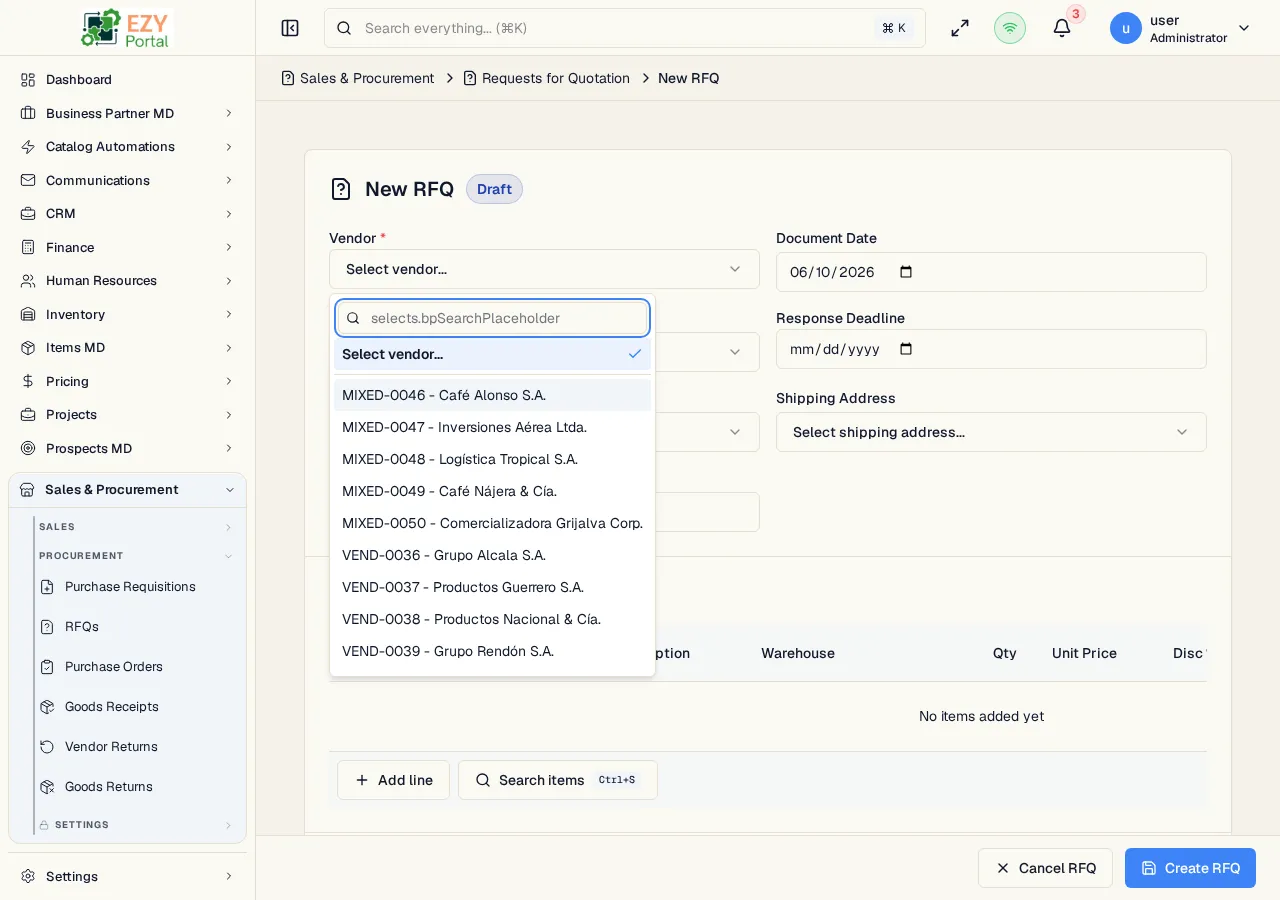 Create RFQ form showing vendor, document date, response deadline, payment terms, price list, buyer, and editable line items