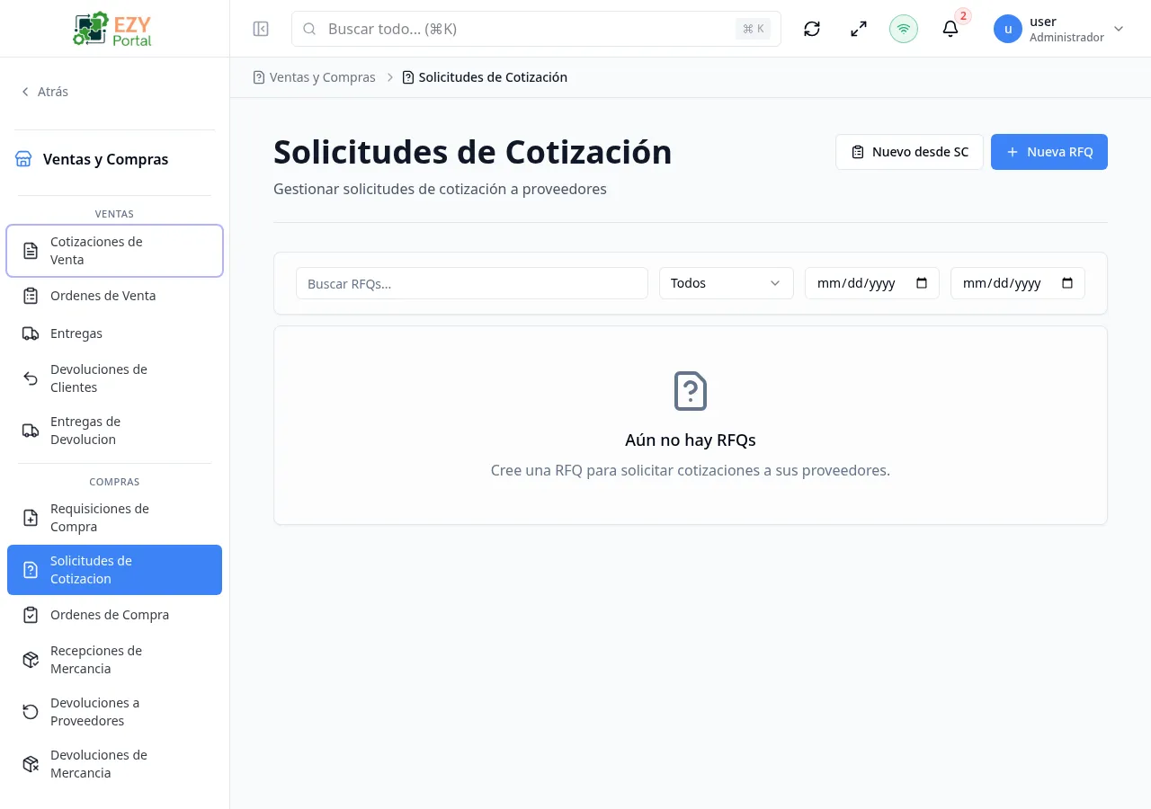 Página de lista de Solicitudes de Cotización mostrando múltiples RFQs con columnas de Doc #, proveedor, fecha, fecha límite de respuesta, estado y total general
