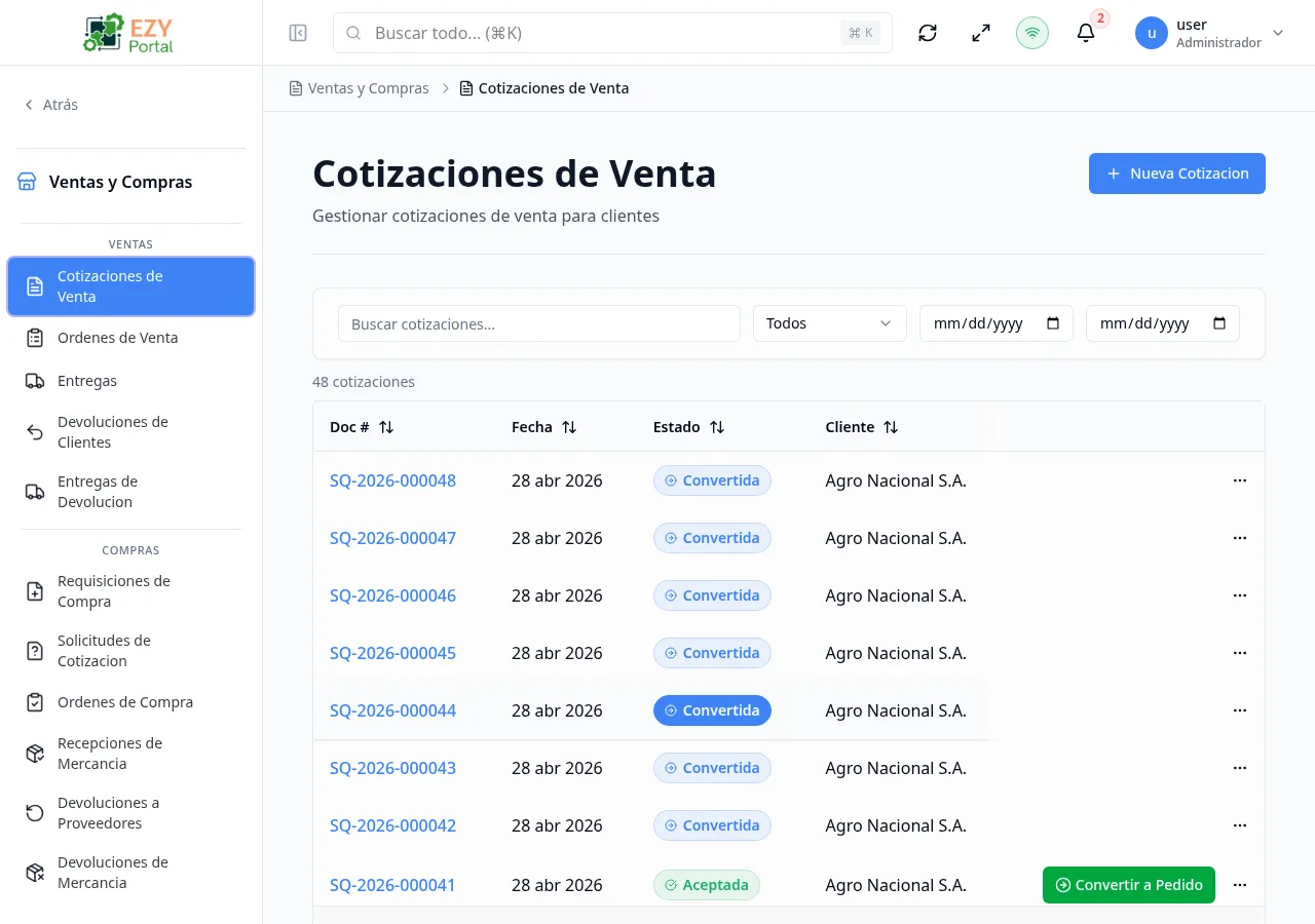 Página de lista de Cotizaciones de Venta mostrando múltiples cotizaciones con columnas de Doc #, cliente, fecha, válida hasta, estado y total general