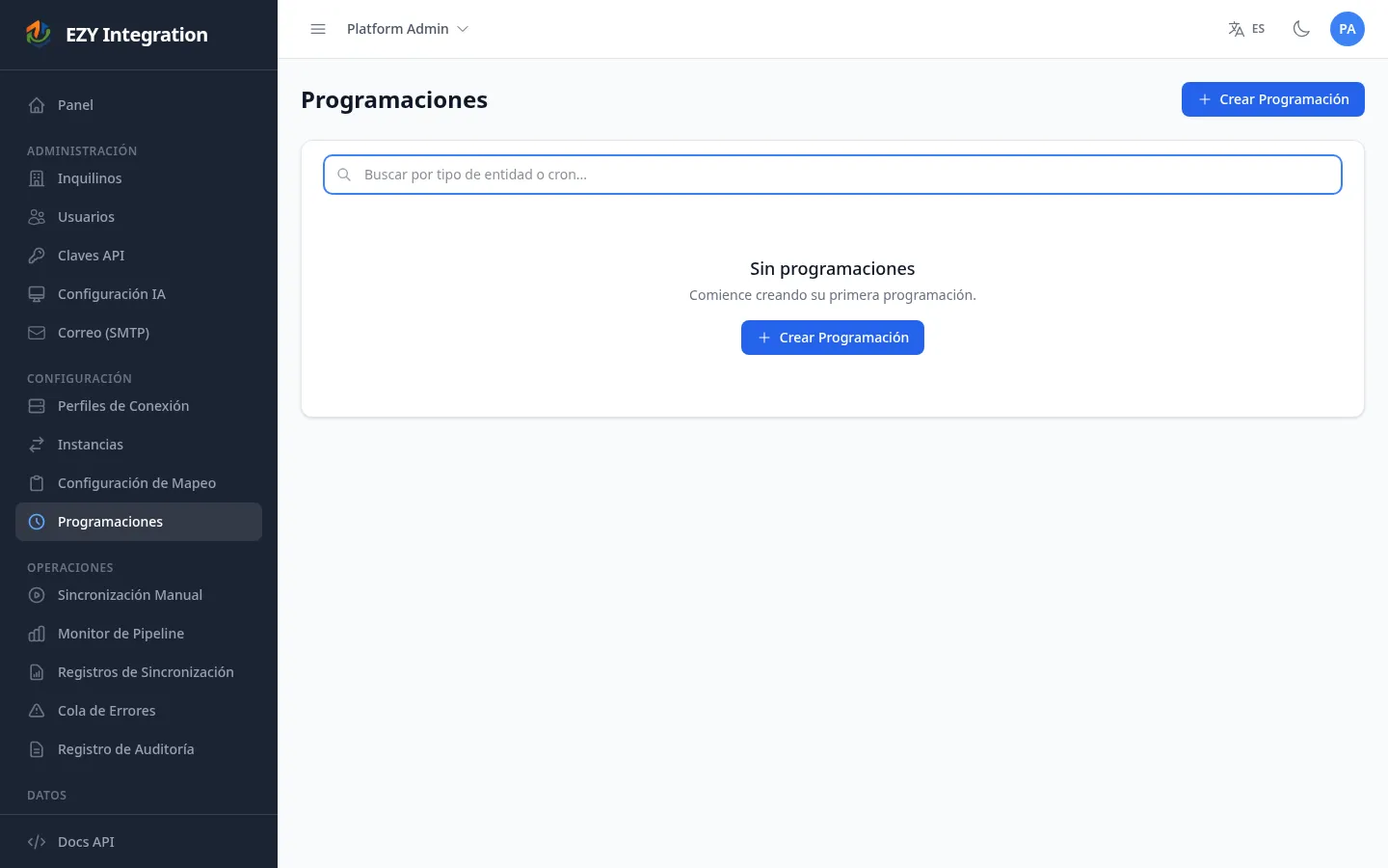 Lista de Programaciones con filas pobladas