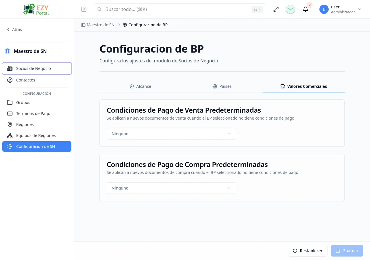 Pestaña Valores Comerciales