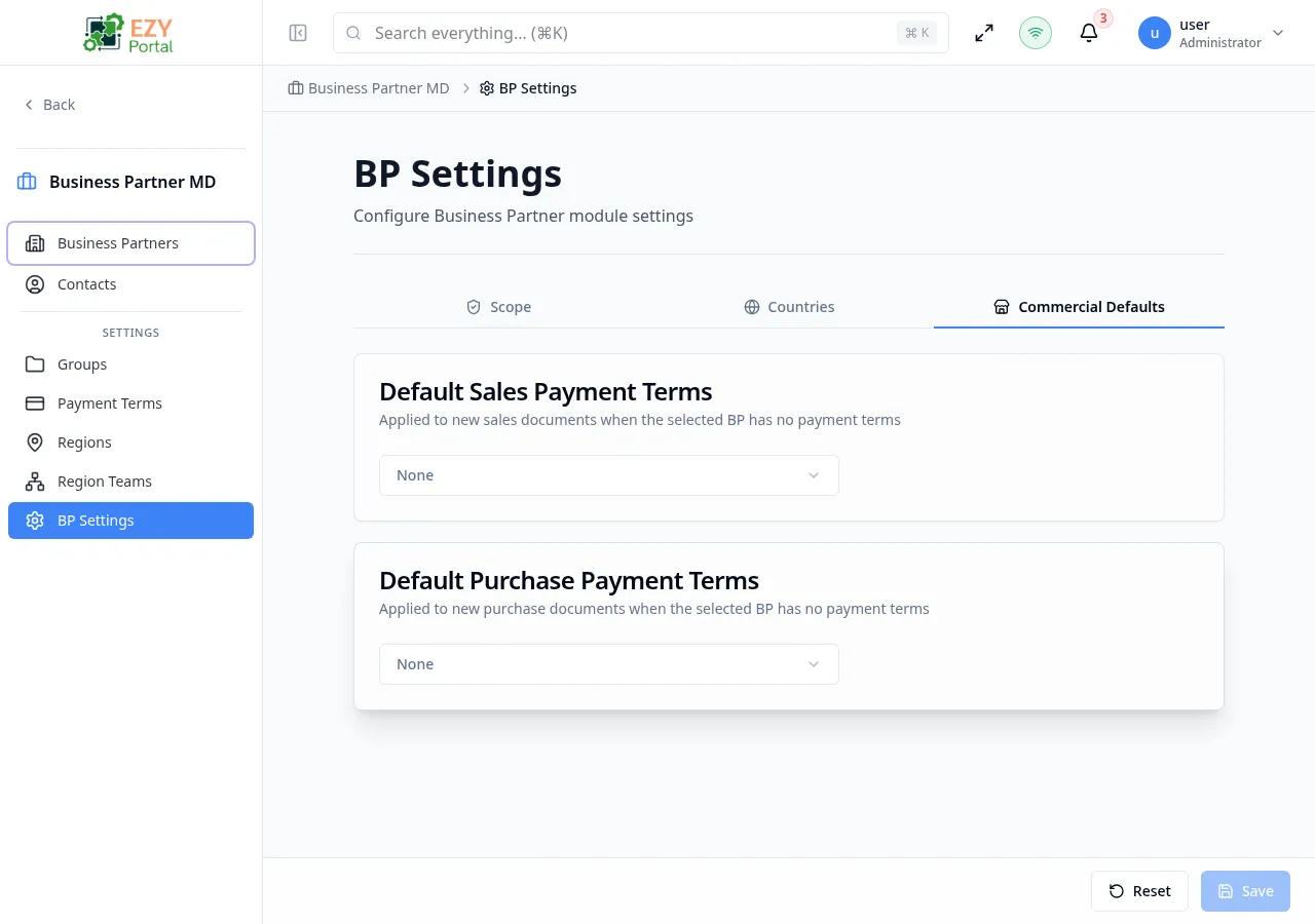 Commercial Defaults tab