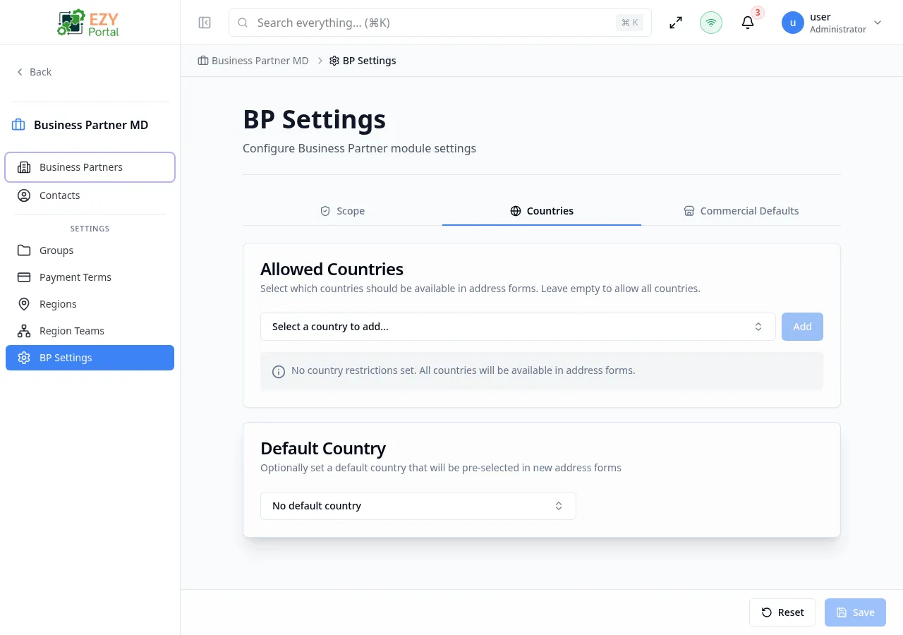 Countries tab