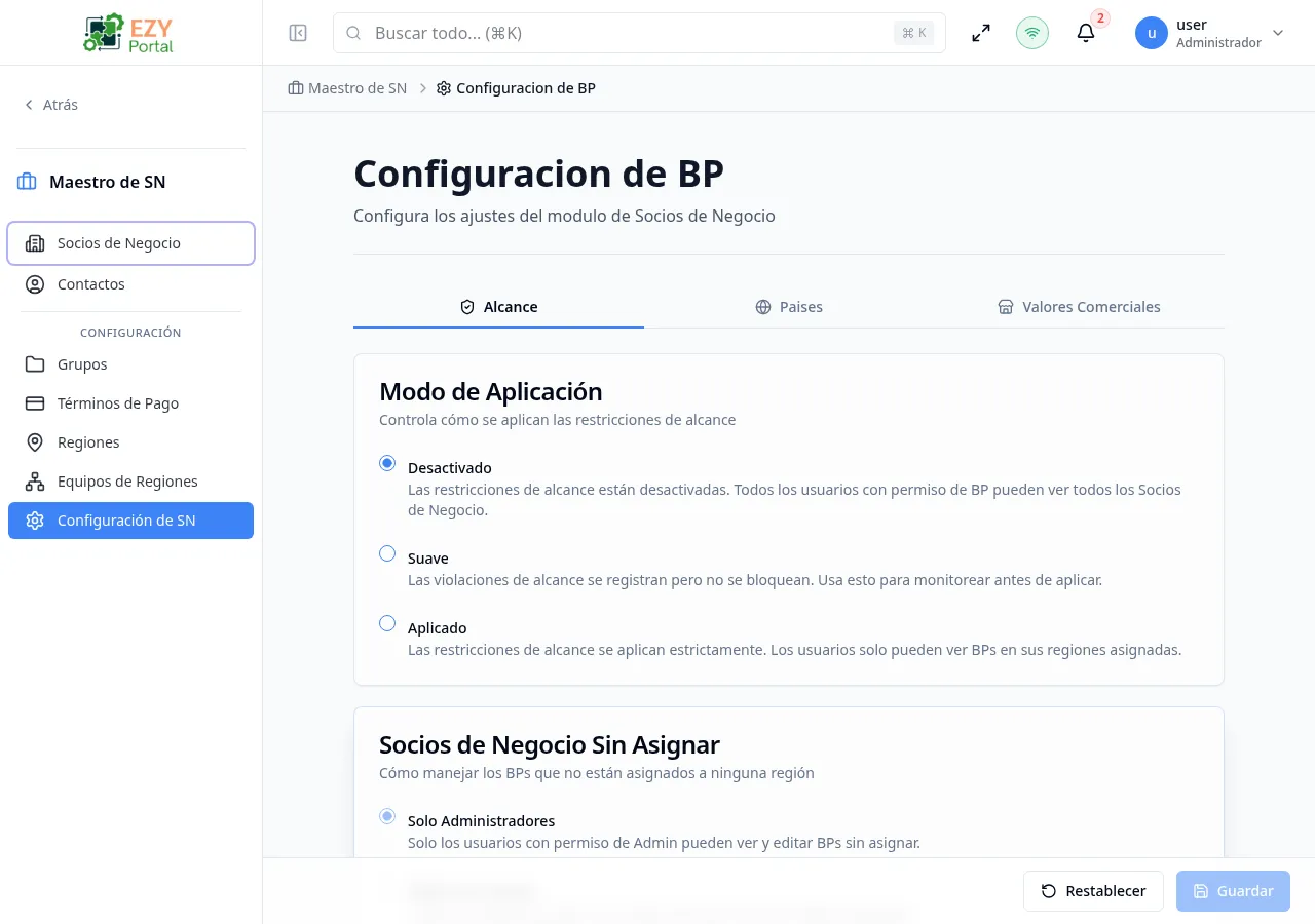 Pestaña Configuración de Alcance