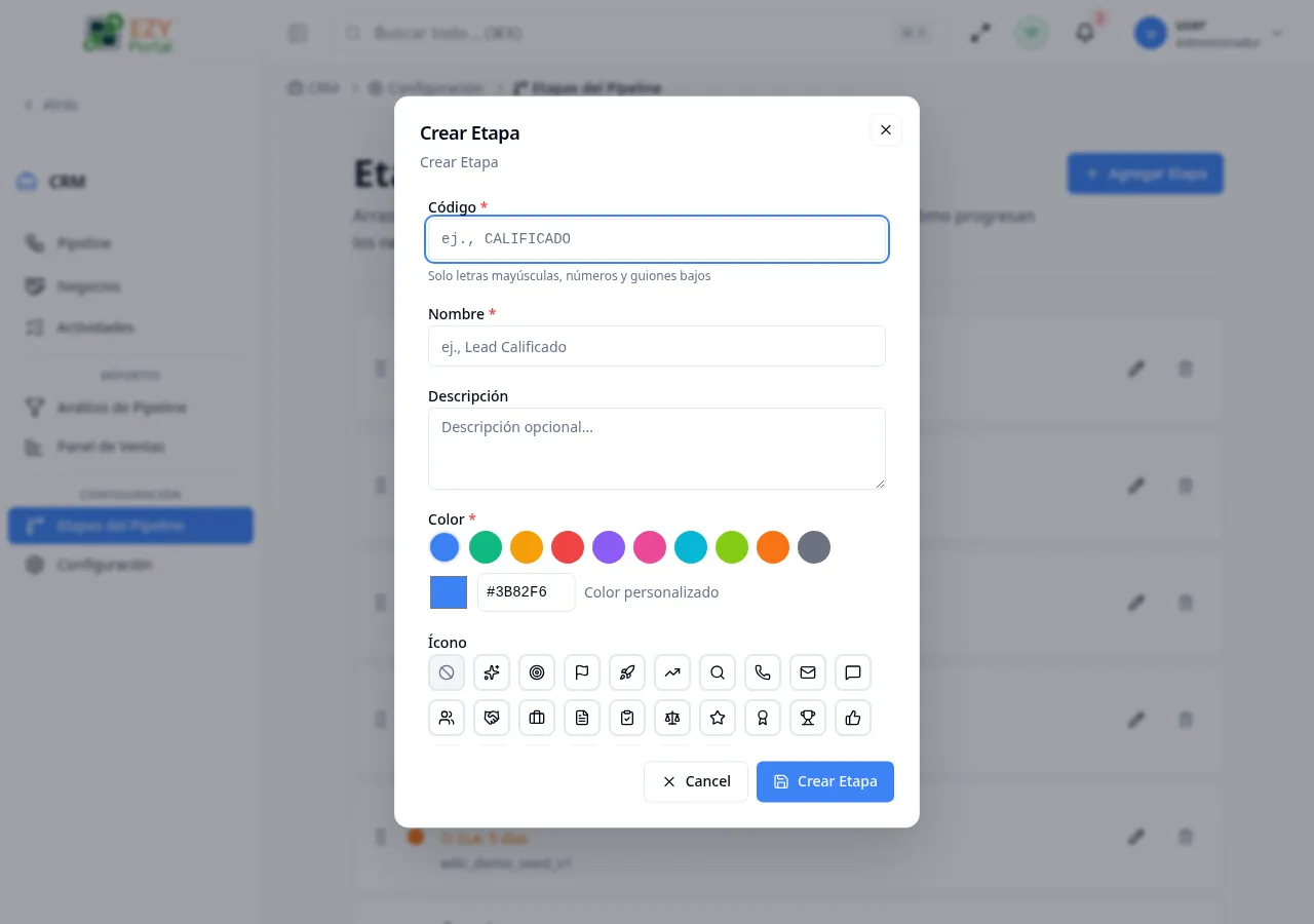 Diálogo Crear Etapa con campos de código, nombre, selector de color, selector de ícono y opciones de comportamiento